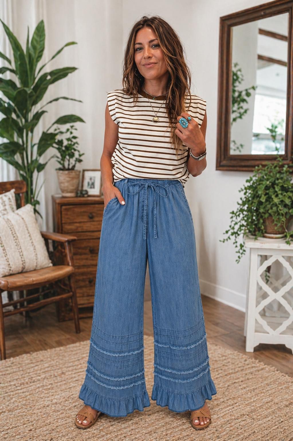 Stripe Ribbed Top and Chambray Pants Outfit