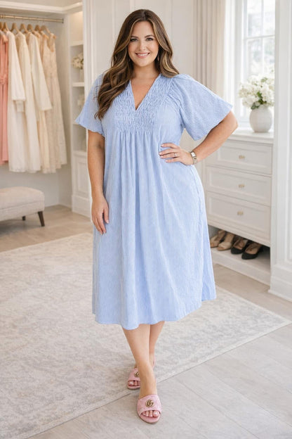 Blue Stripe Shirred Dress Plus