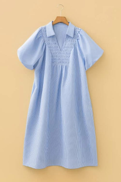 Blue Stripe Shirred Dress Plus