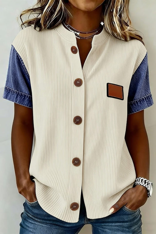 Beige Denim Ribbed Top