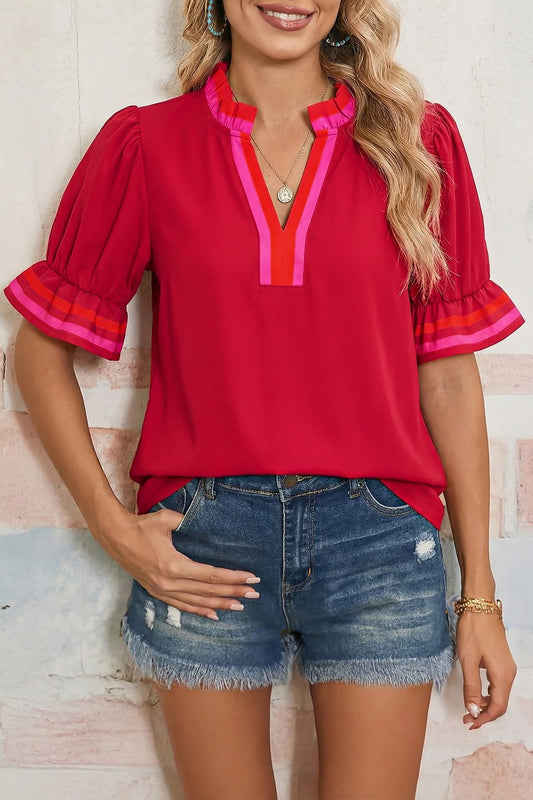 Red Stripe Frilled Blouse